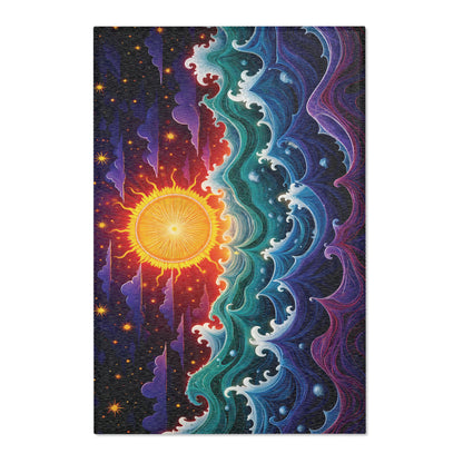 A vibrant, abstract illustration shows a radiant yellow sun blending into a starry night sky. Swirling blue, teal, and purple waves meet the sun’s light, creating a dynamic contrast—perfect for stylish home decor or African design rugs.