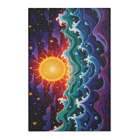 A vibrant, abstract illustration shows a radiant yellow sun blending into a starry night sky. Swirling blue, teal, and purple waves meet the sun’s light, creating a dynamic contrast—perfect for stylish home decor or African design rugs.