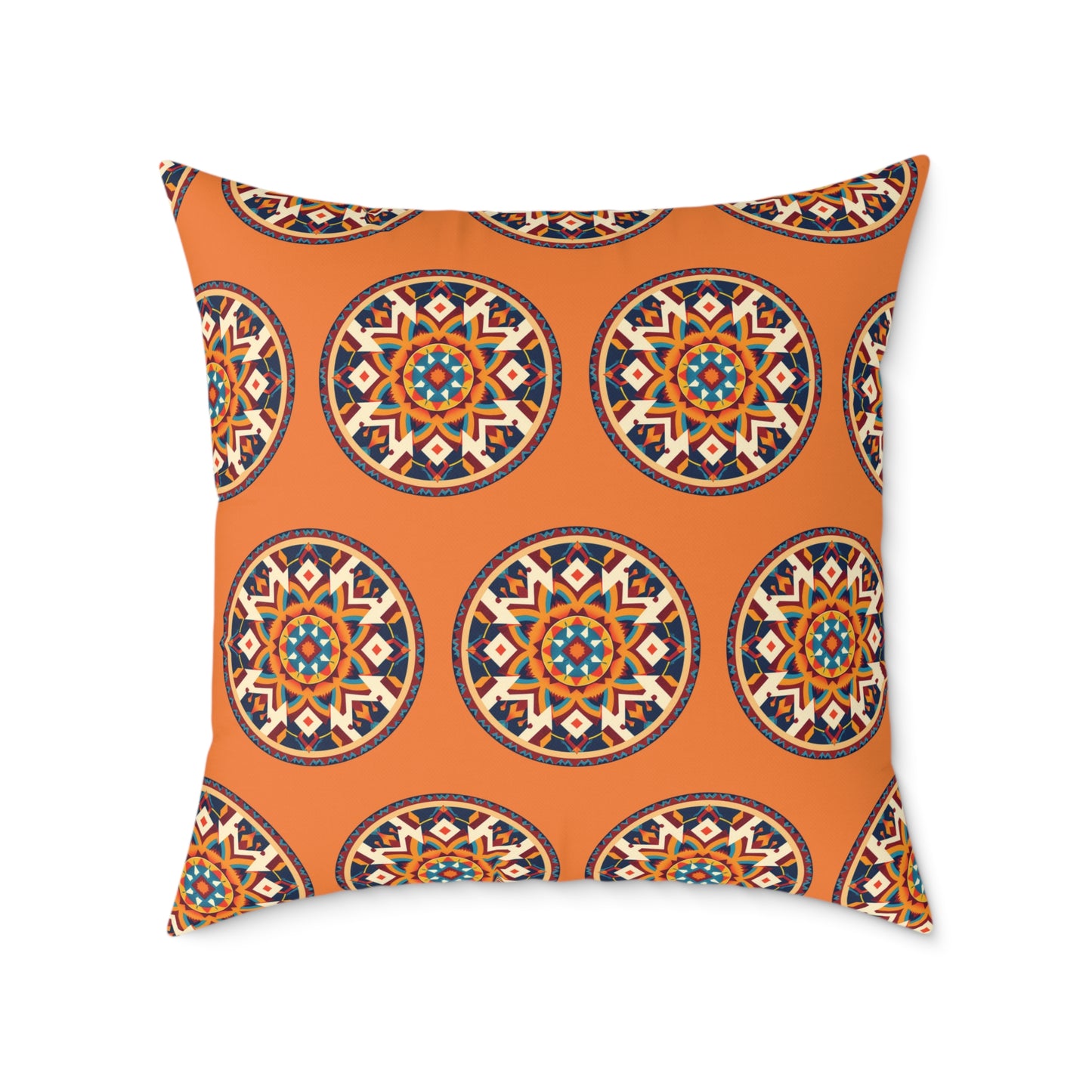 Square pillow with an orange background featuring a repeating pattern of circular, radial mandala designs in blue, black, red, and white. This African-inspired pillow brings colorful accents and a symmetrical, intricate look to your home decor.