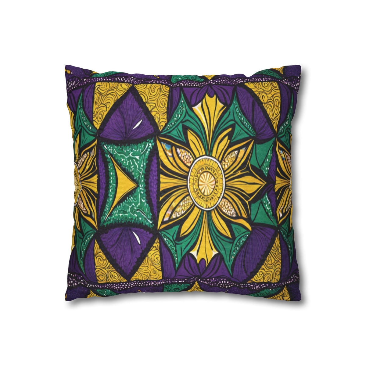A rectangular pillow with vibrant geometric and floral motifs inspired by African patterns in yellow, green, and purple. Bold symmetrical shapes frame a central flower, bordered by colorful repeats on a crisp white background—perfect for vibrant pillowcases.