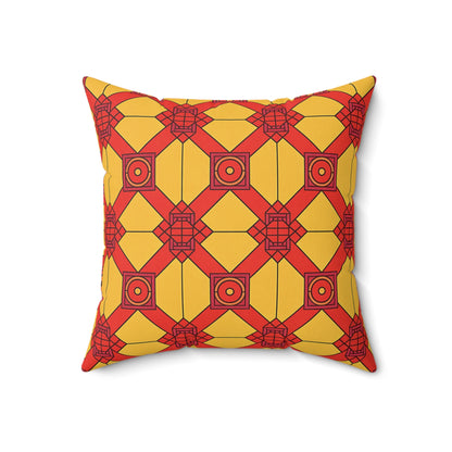 A square faux suede pillow with a bold geometric pattern in yellow and orange. Interlocking red and orange shapes are outlined in black, creating a vibrant, symmetrical, and eye-catching look—perfect as an African accent pillow.