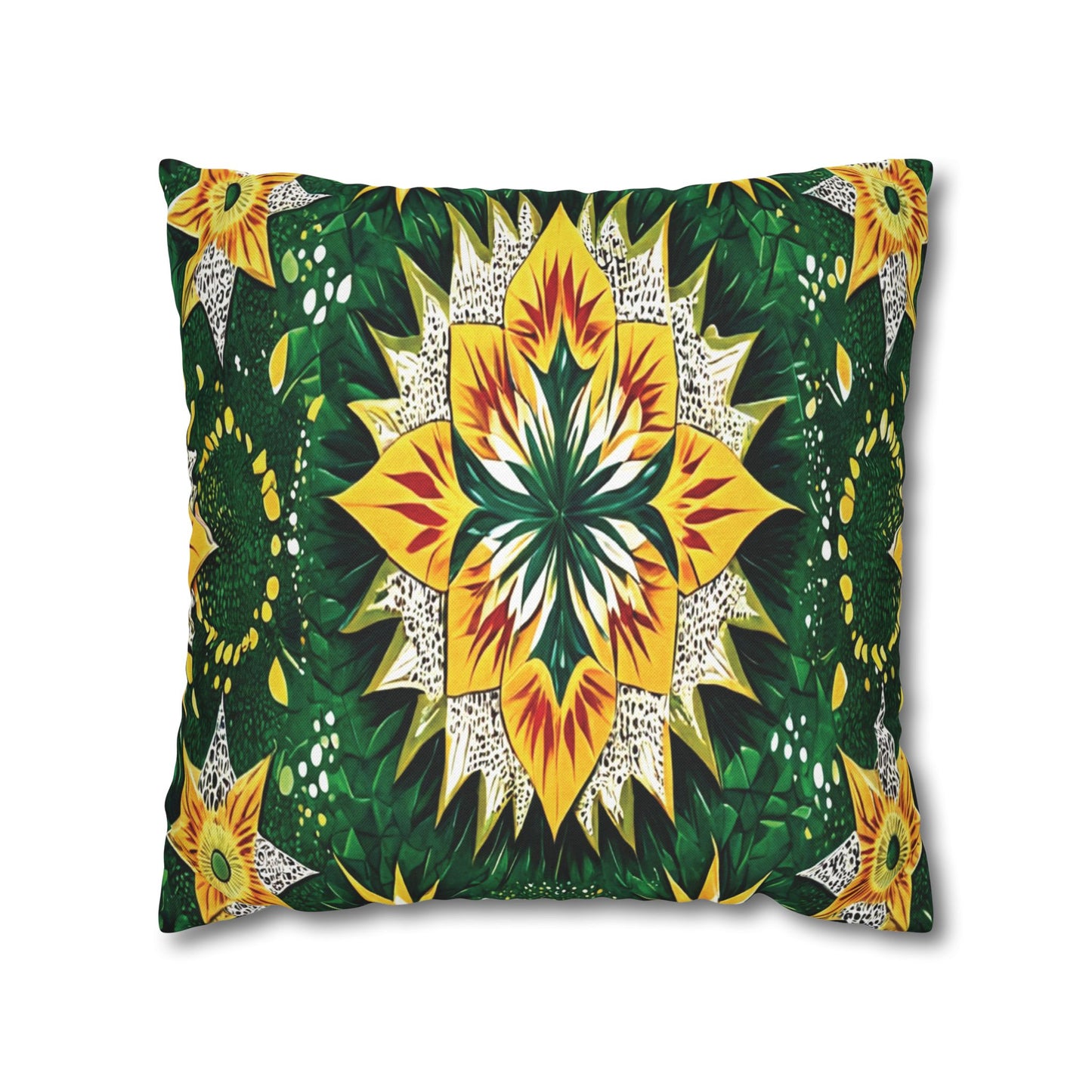 A rectangular pillow features a bold, symmetrical pattern with a large yellow and green flower-like mandala at the center, surrounded by leafy green shapes—all inspired by African pillowcases and set against a crisp white background.