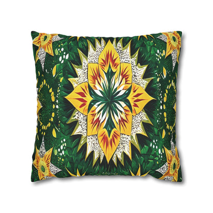 A rectangular pillow features a bold, symmetrical pattern with a large yellow and green flower-like mandala at the center, surrounded by leafy green shapes—all inspired by African pillowcases and set against a crisp white background.
