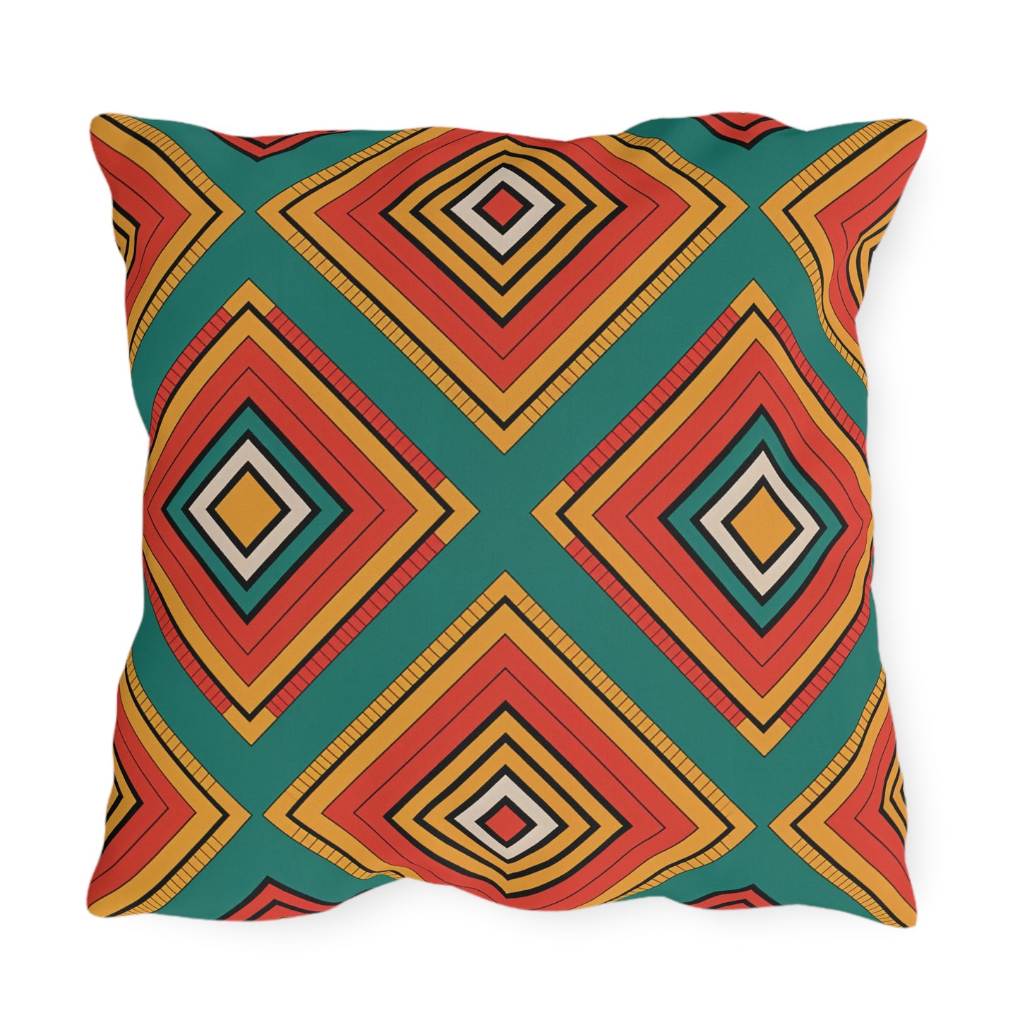 A square pillow featuring a colorful geometric pattern with diamond shapes on a green background. Crafted from weatherproof materials, this bold and vibrant outdoor pillow is perfect for adding an eye-catching touch to your patio or garden.