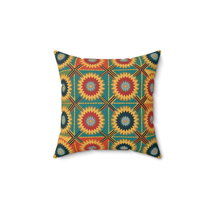 Square throw pillow with a geometric, starburst pattern in red, yellow, blue, and green. Inspired by vibrant patterns seen in African-Inspired pillows, this stylish home decor piece features radiating stars arranged in a grid on white.