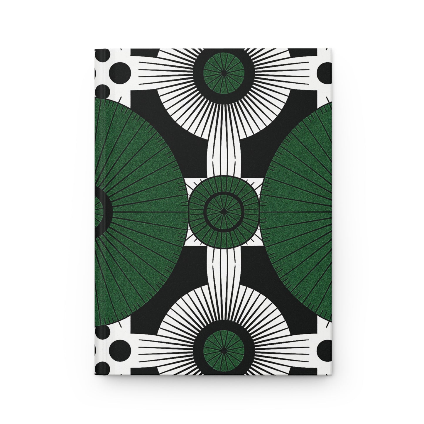 This African-inspired hardcover notebook features a bold geometric pattern with large green and black fan shapes, radiating lines, concentric circles, and black dots on a white background. The design is symmetrical and visually striking.