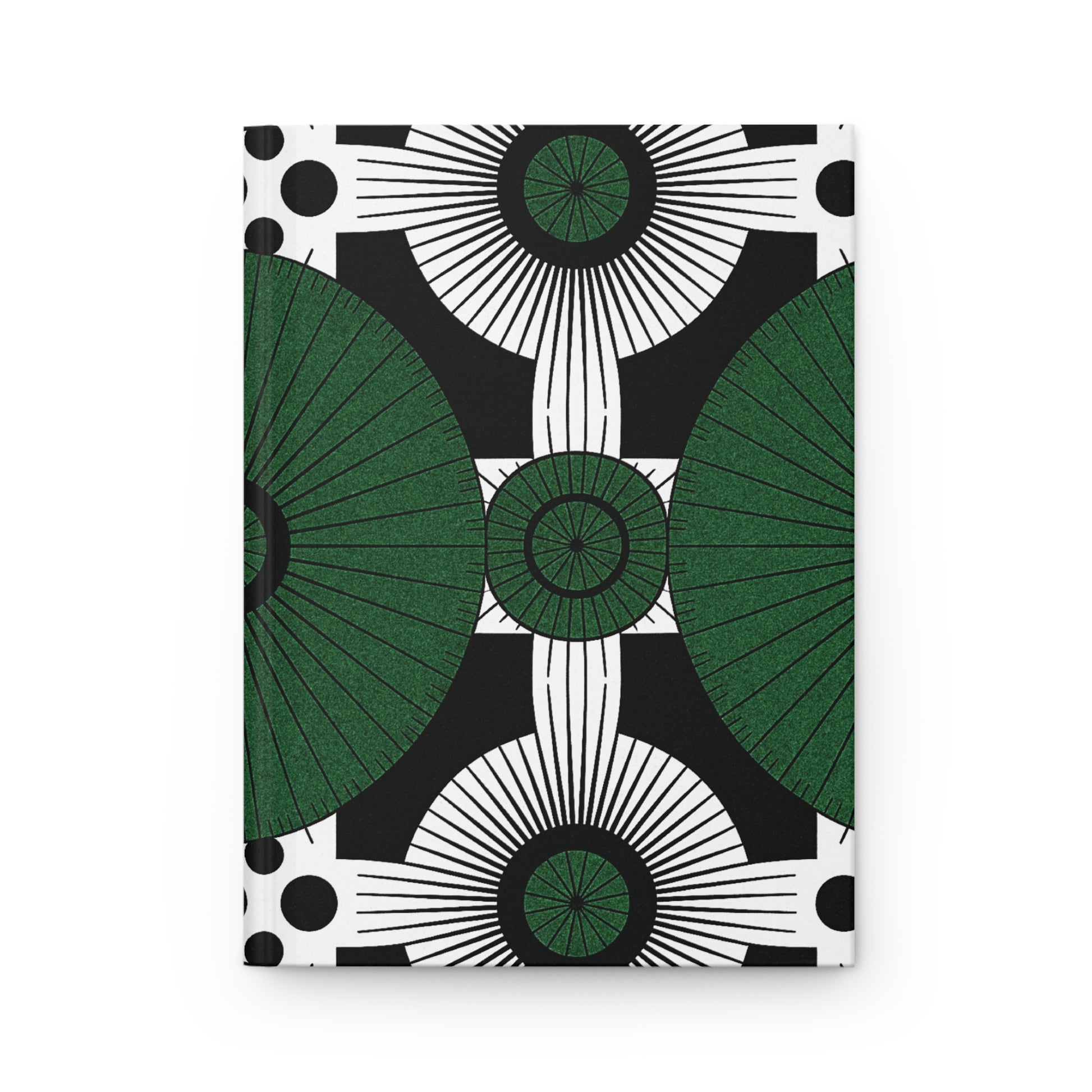 This African-inspired hardcover notebook features a bold geometric pattern with large green and black fan shapes, radiating lines, concentric circles, and black dots on a white background. The design is symmetrical and visually striking.