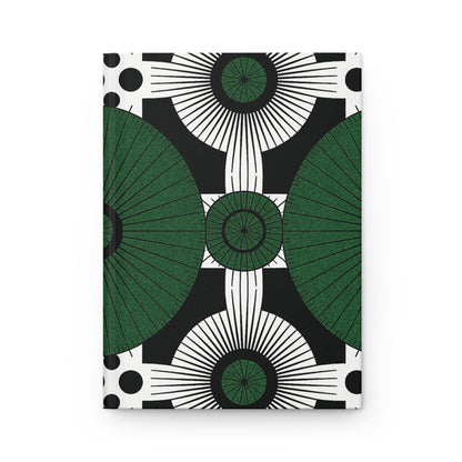 This African-inspired hardcover notebook features a bold geometric pattern with large green and black fan shapes, radiating lines, concentric circles, and black dots on a white background. The design is symmetrical and visually striking.