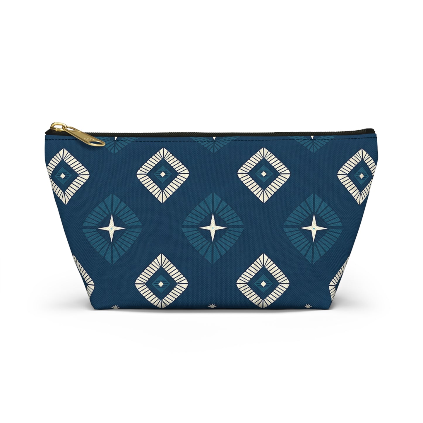 A zippered T-bottom pouch with a gold zipper, featuring African-inspired patterns of geometric diamonds in white and dark blue. Each diamond has a star-like center, creating a modern, stylish cosmetic travel bag.