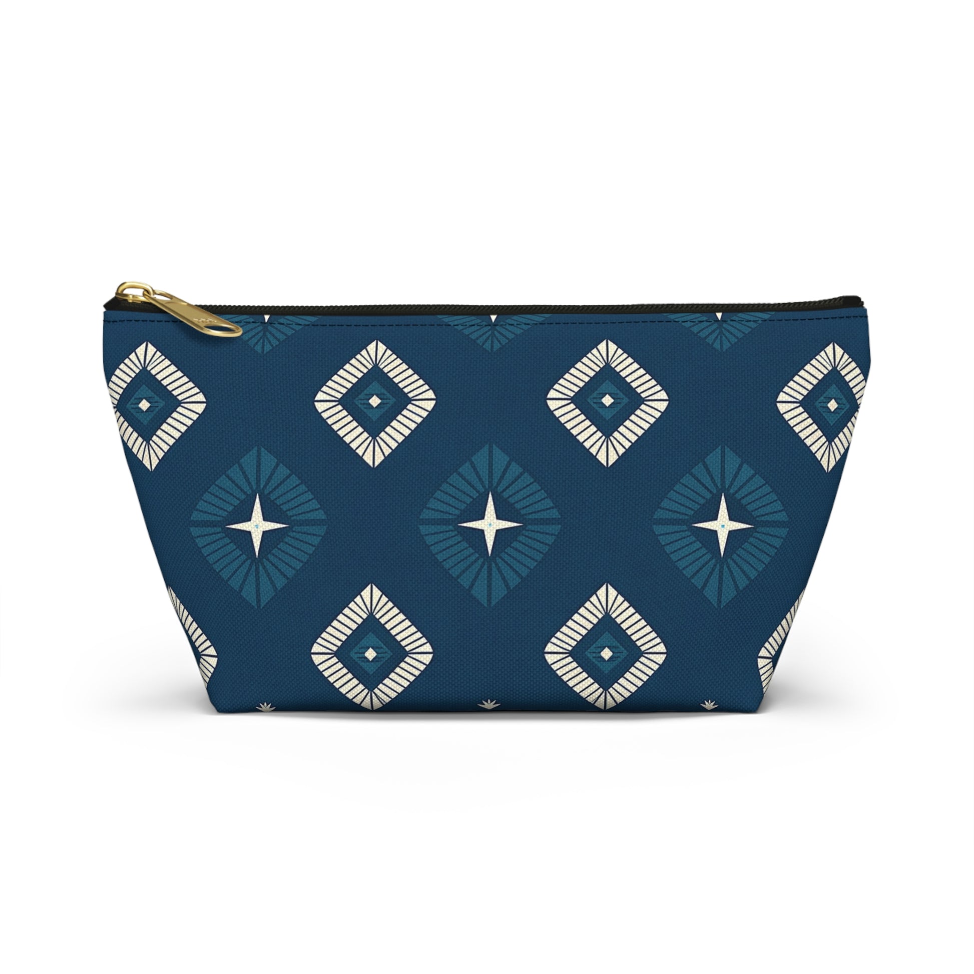 A zippered T-bottom pouch with a gold zipper, featuring African-inspired patterns of geometric diamonds in white and dark blue. Each diamond has a star-like center, creating a modern, stylish cosmetic travel bag.
