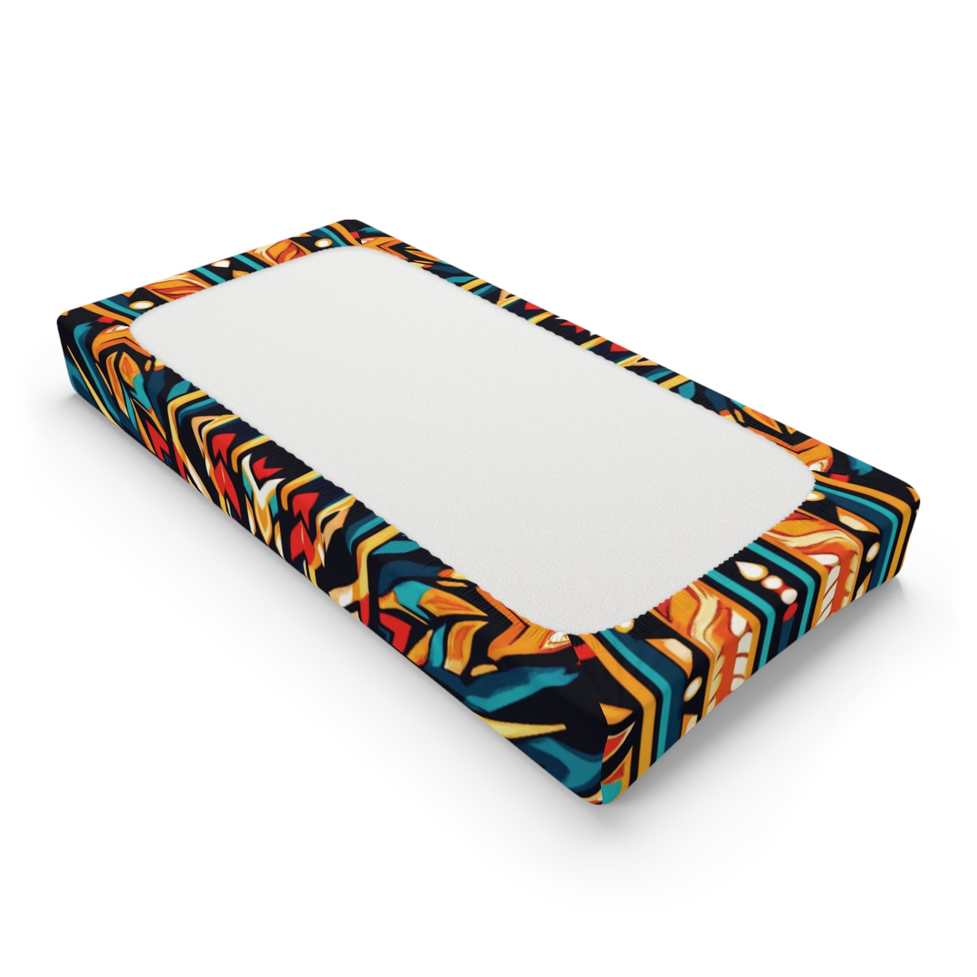 A rectangular mattress with a plain white top surface and colorful, African-inspired nursery-patterned sides featuring abstract geometric shapes in orange, yellow, blue, and black—perfect for custom jersey knit changing pad cover designs.