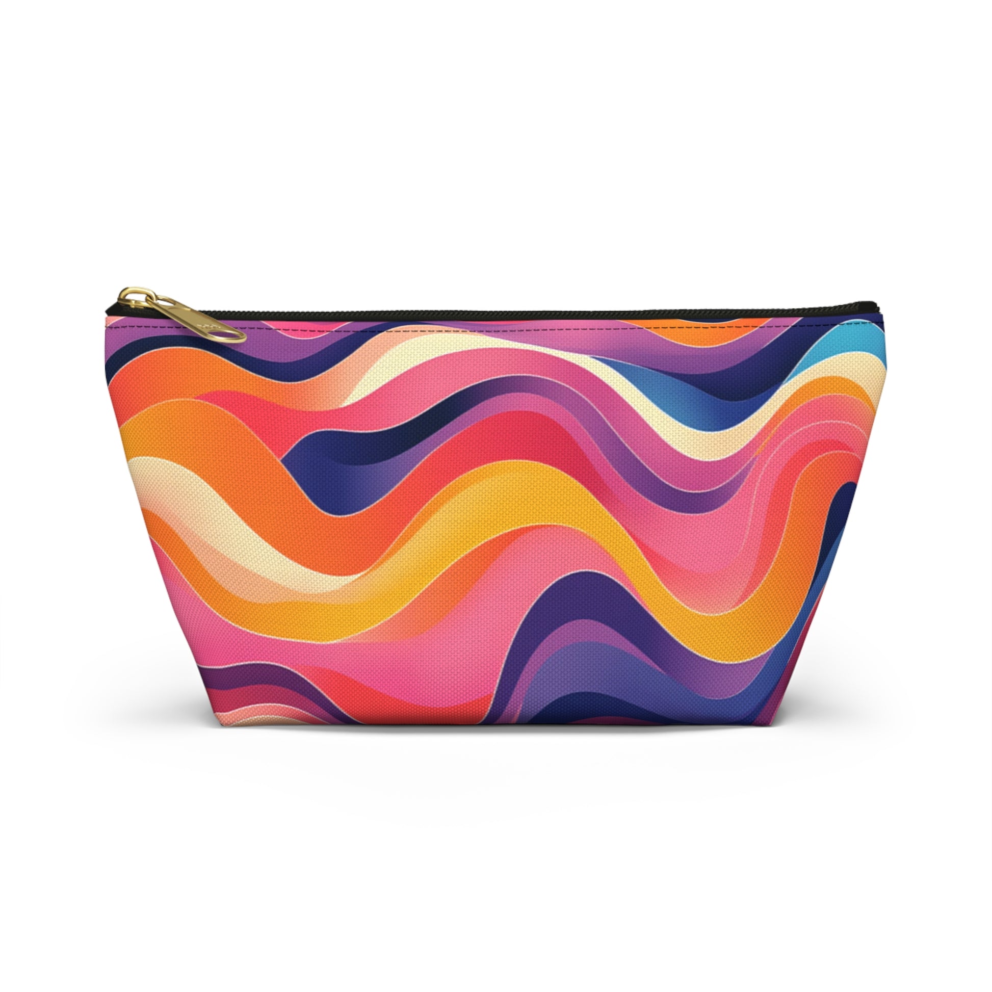 A zippered T-bottom pouch with a bold wavy abstract pattern in orange, yellow, pink, purple, and navy blue. African-inspired patterns and bright colors give this cosmetic travel bag a vibrant, energetic look. Features gold zipper with black trim.