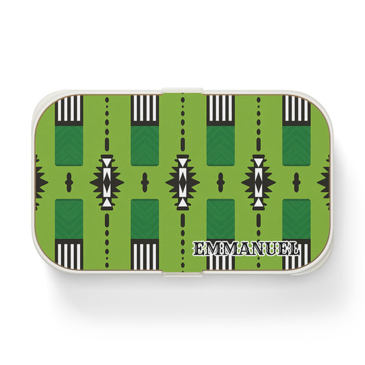 A rectangular, African-inspired bento lunch box with a green geometric pattern in black, white, and dark green. “EMMANUEL” is printed in bold white letters on the lower right corner of this personalized lunch box.