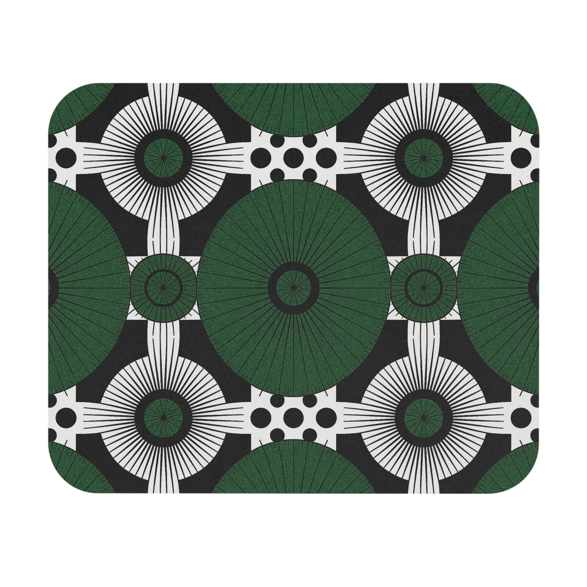 A geometric pattern with large green circles radiating lines, white shapes with black lines, and clusters of black dots on a black backdrop—this African-inspired mouse pad is a durable desk accessory with striking, symmetrical designs.