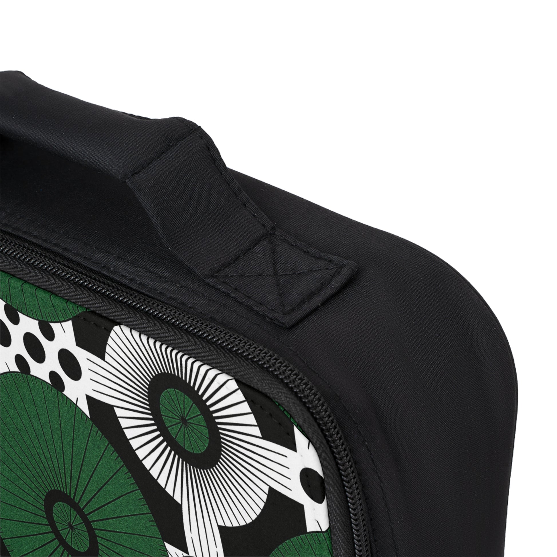 Close-up of an African-inspired personalized lunch bag with a zipper and handle. The visible side features white, green, and black stylized flowers and circles, giving this customizable lunch bag a modern, bold look. Focus on the upper corner and handle detail.