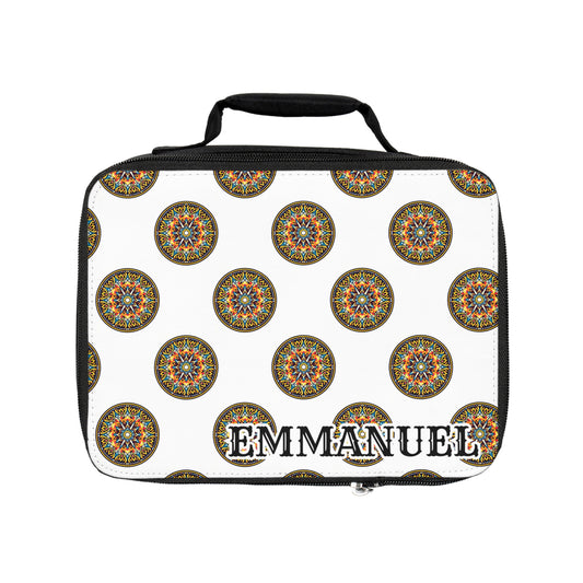 A white insulated lunch bag with a black handle, decorated with a repeating colorful mandala pattern. The name “EMMANUEL” is printed in bold decorative font on the lower right, creating a stylish African-inspired personalized lunch bag.