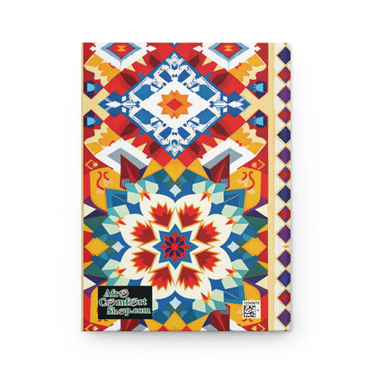 A hardcover journal with a vibrant, symmetrical geometric pattern in red, blue, white, and gold. The cover features star and diamond shapes, evoking an African-inspired notebook. Green AfroComixArtShop.com label and a QR code grace the bottom left corner.