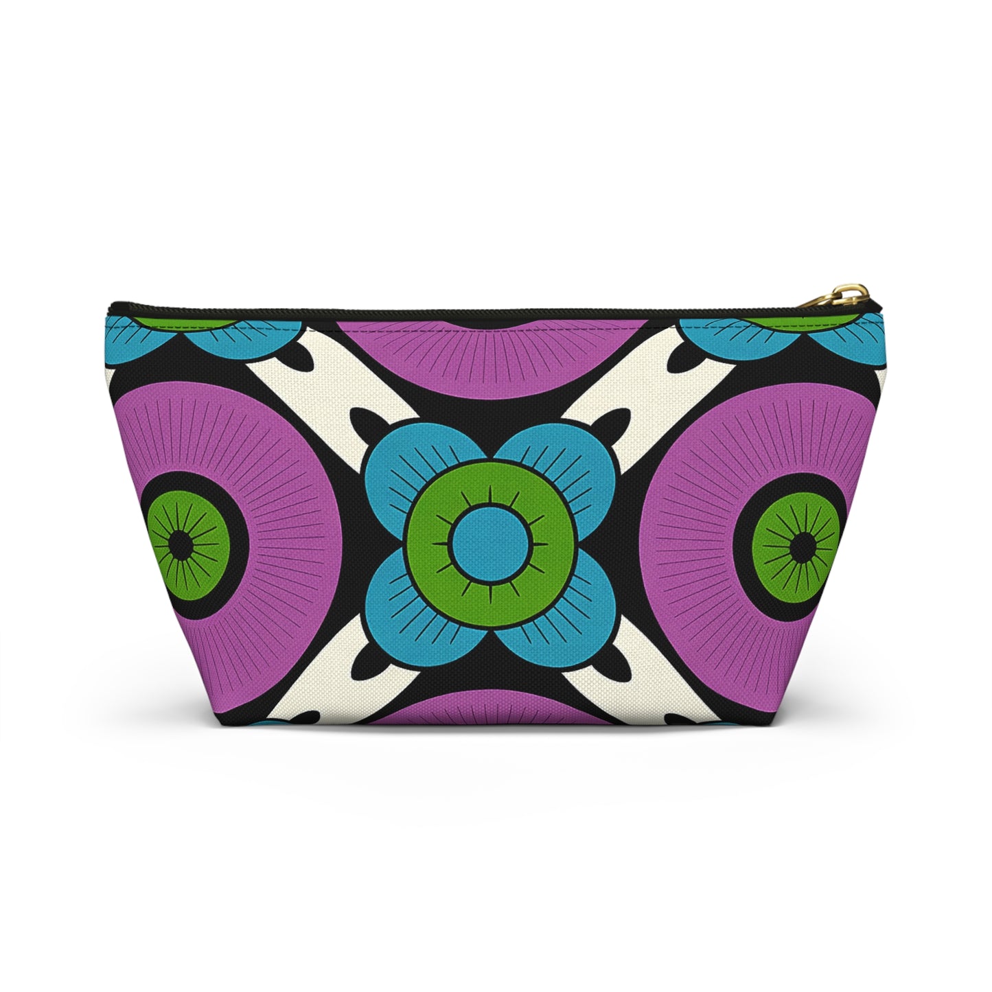 A zippered T-bottom pouch featuring a bold, geometric floral pattern with large blue and green flowers and circular purple shapes on a cream and black background. The symmetrical design is African-inspired, and the zipper is gold-toned.