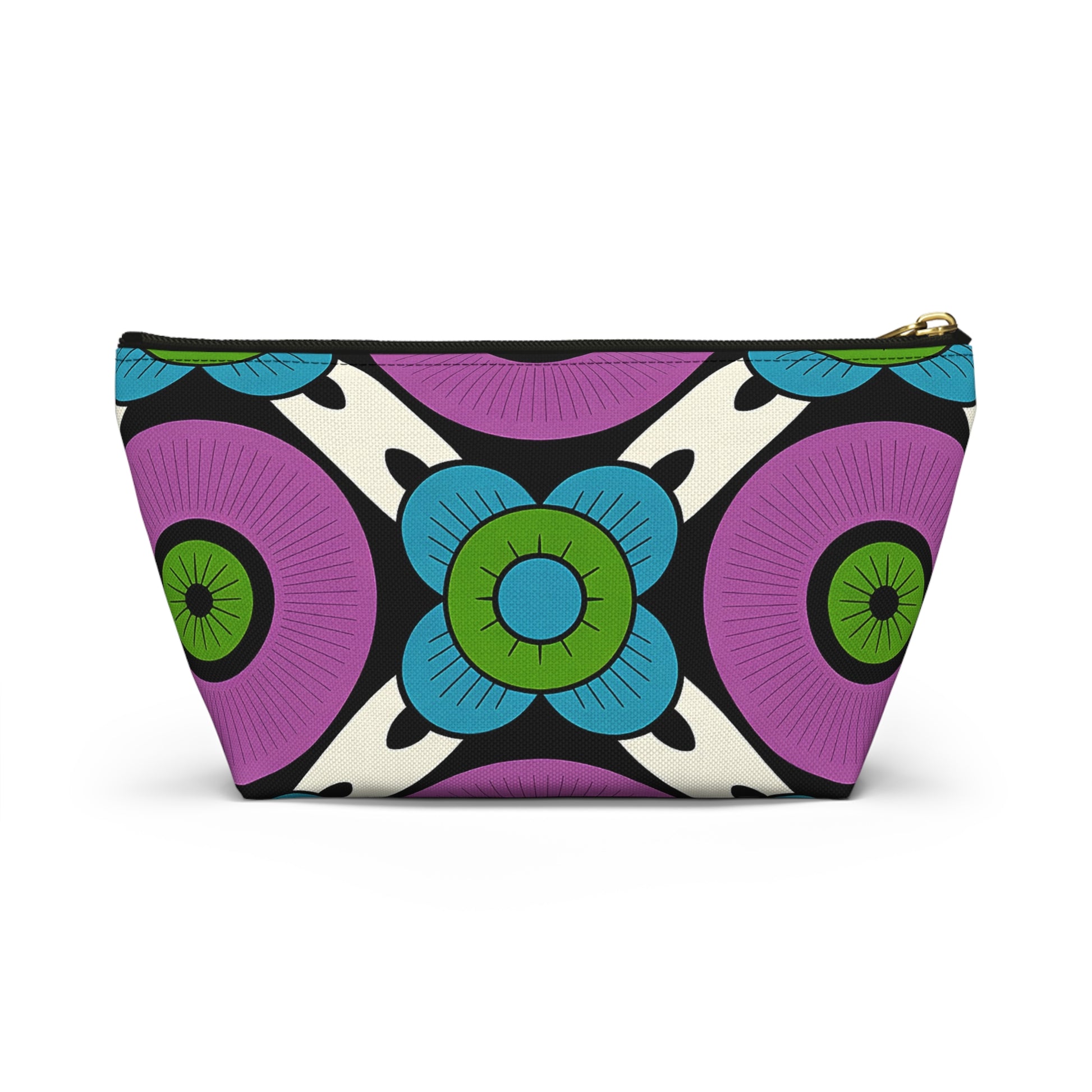 A zippered T-bottom pouch featuring a bold, geometric floral pattern with large blue and green flowers and circular purple shapes on a cream and black background. The symmetrical design is African-inspired, and the zipper is gold-toned.