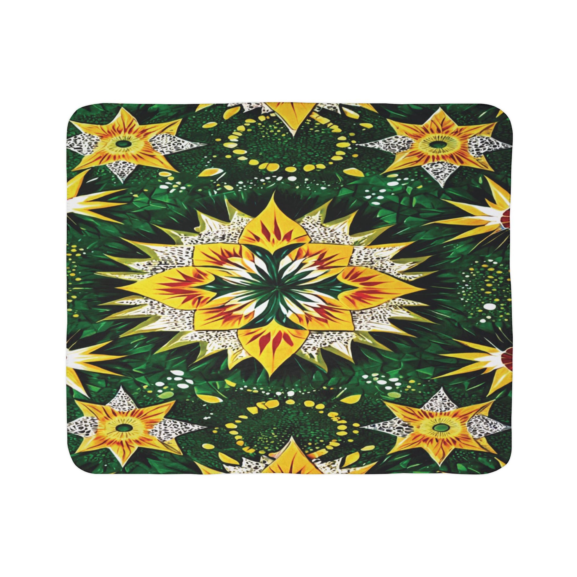 A blanket decorated with a symmetrical, kaleidoscopic design in green, yellow, and white. This African-inspired fleece blanket features large, star-shaped floral motifs surrounded by leafy elements and smaller accents on a dark green background.