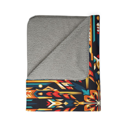 A folded blanket with a soft, light gray sherpa lining and an African-inspired geometric pattern on the outer side, featuring red, yellow, orange, teal, and white shapes on a black background. The vibrant pattern is visible along the border and corner.