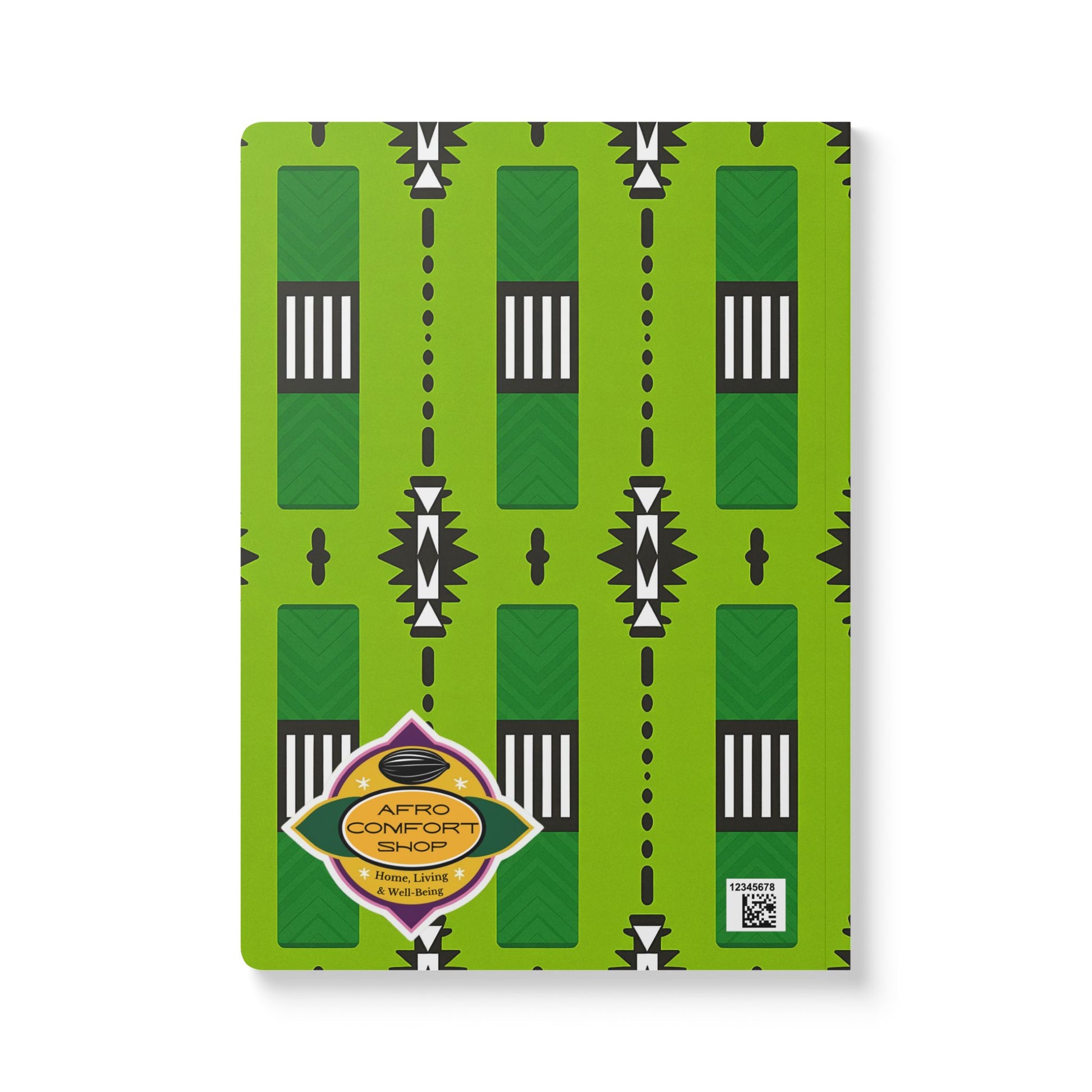 A creative notebook with a bright green cover, bold geometric African-inspired pattern, and diamond-shaped label with AFRO COMFORT SHOP and a QR code—perfect for daily journaling or use as your go-to African-inspired journal.