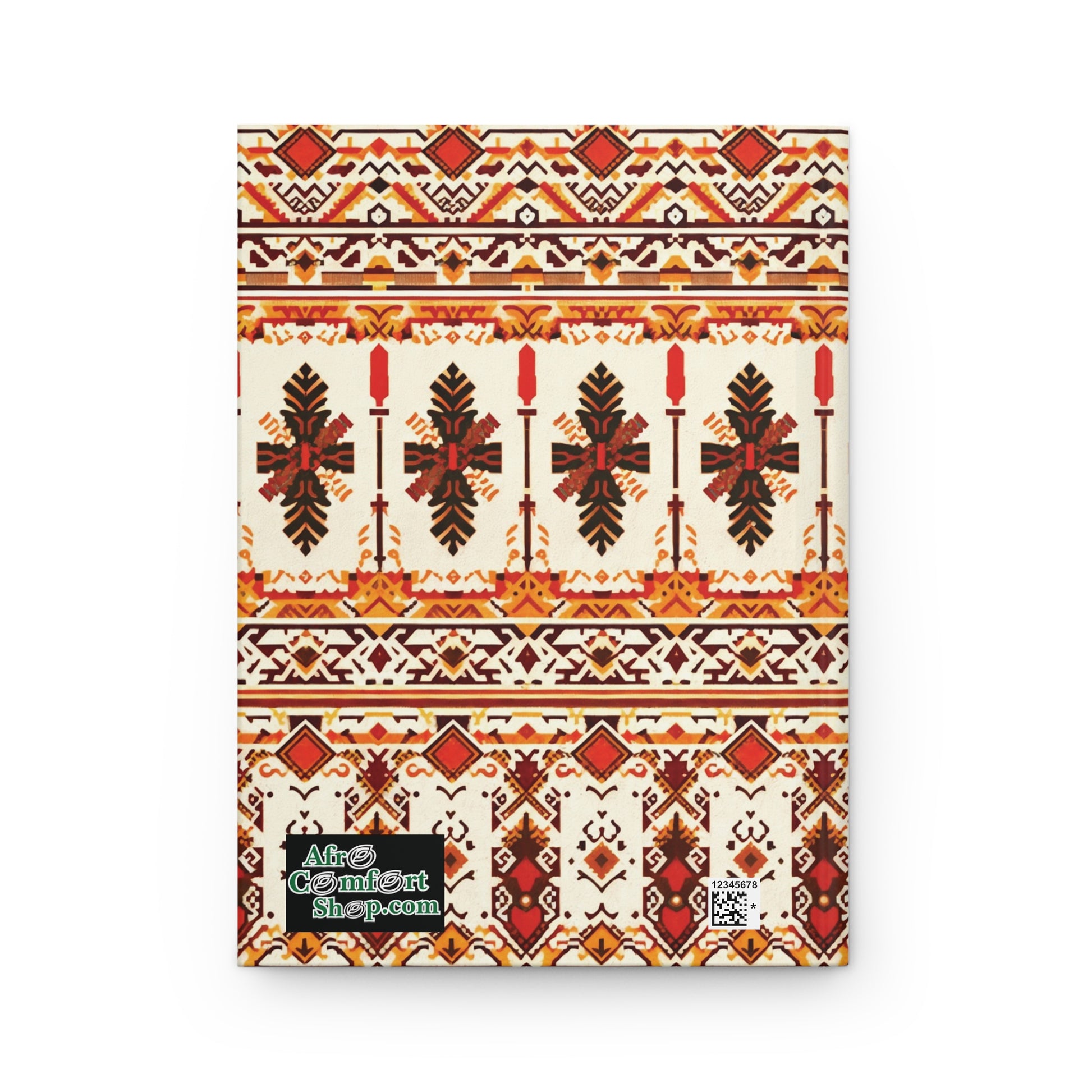 A rectangular canvas features a traditional, geometric Ukrainian folk pattern in red, brown, orange, and yellow—perfect for a tribal pattern notebook. Decorative bands and diamond shapes run horizontally. Two small labels appear in the lower left and right corners.