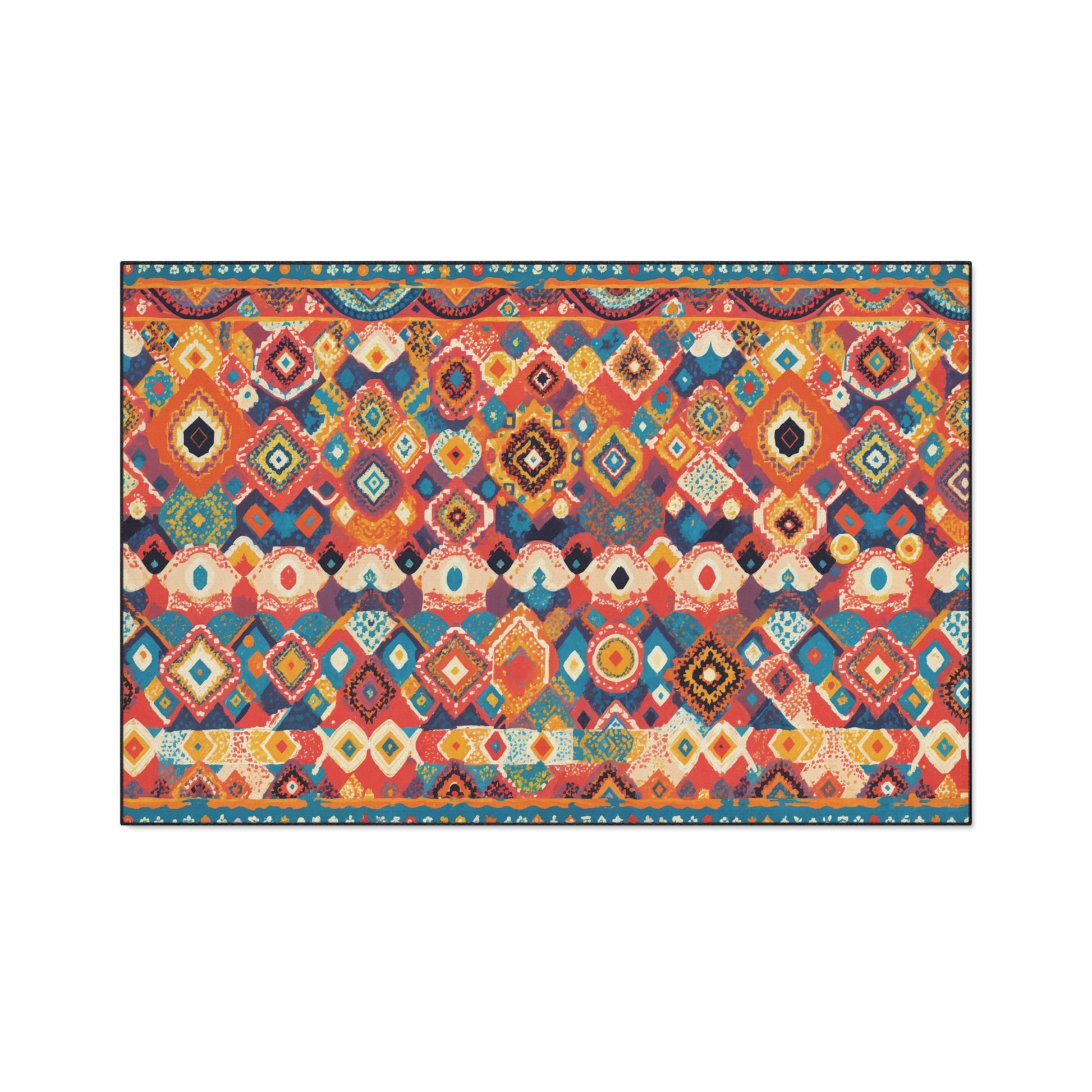 A rectangular rug with African-inspired aesthetics, showcasing colorful geometric patterns—rows of diamonds, circles, and abstract shapes in vibrant tones—bordered by a thin decorative edge with small repeating motifs.