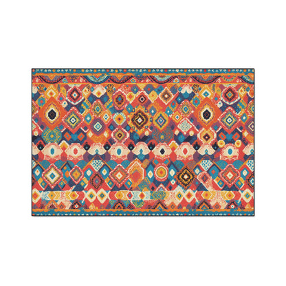 A rectangular rug with African-inspired aesthetics, showcasing colorful geometric patterns—rows of diamonds, circles, and abstract shapes in vibrant tones—bordered by a thin decorative edge with small repeating motifs.