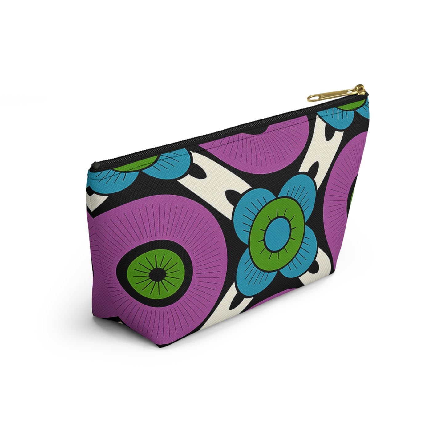 A zippered T-bottom pouch with a bold, retro floral pattern inspired by African-inspired patterns. Large purple circles, blue flowers with green centers, and black-and-white accents pair beautifully with the gold zipper—ideal as a cosmetic travel bag.