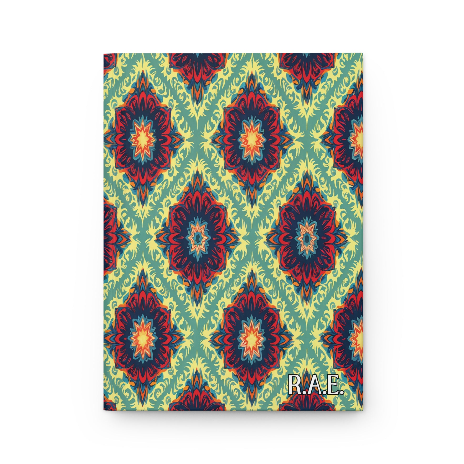A square tile with a colorful, intricate geometric floral pattern in red, blue, and orange on a green background, arranged in diamond shapes—perfect for an African-inspired personalized journal. The initials “R.A.E.” appear in white text at the lower right corner.