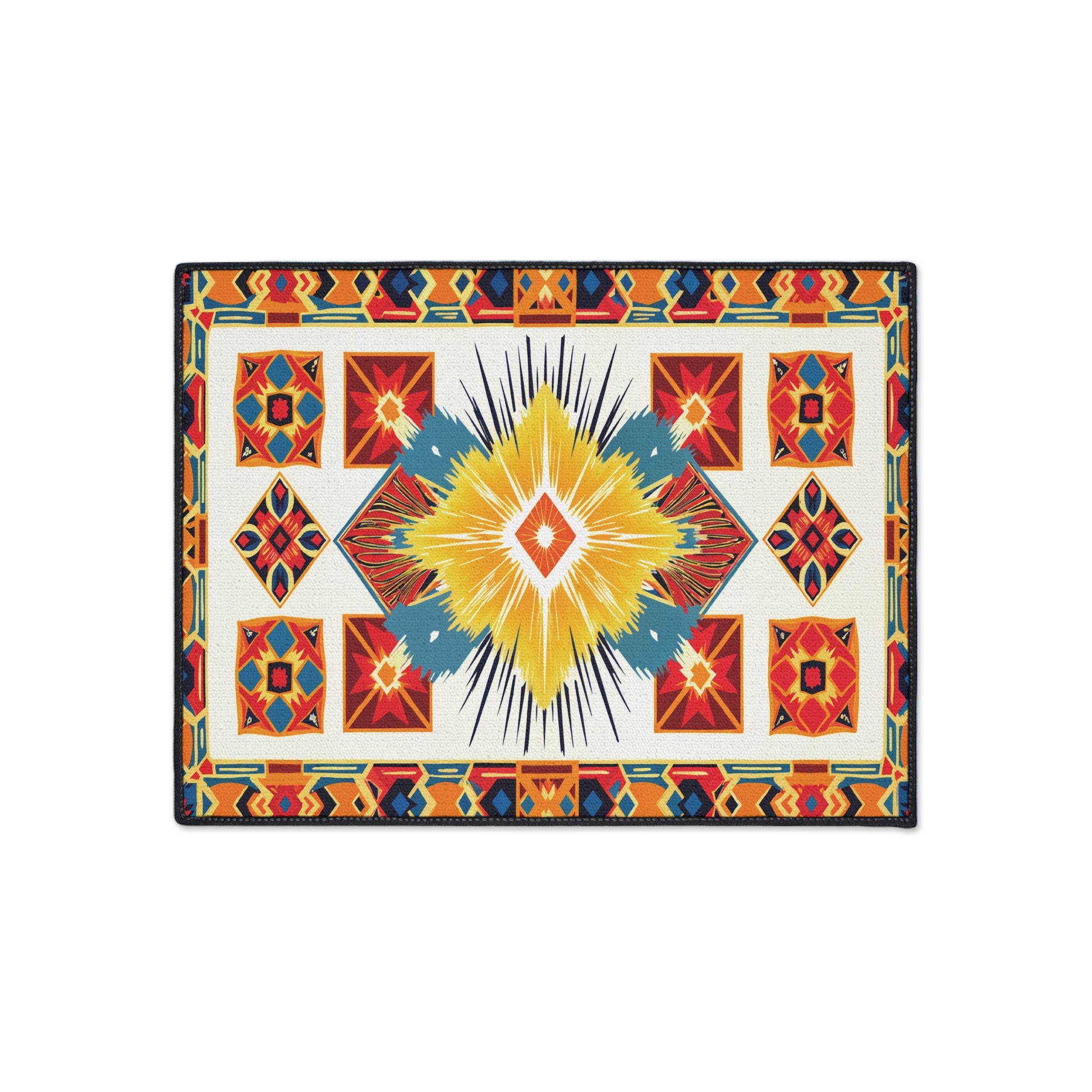 Rectangular rug with a vibrant geometric Southwestern design, tribal-inspired patterns, and a large yellow and blue diamond center. This custom floor mat features non-slip rubber backing for safety on any surface.