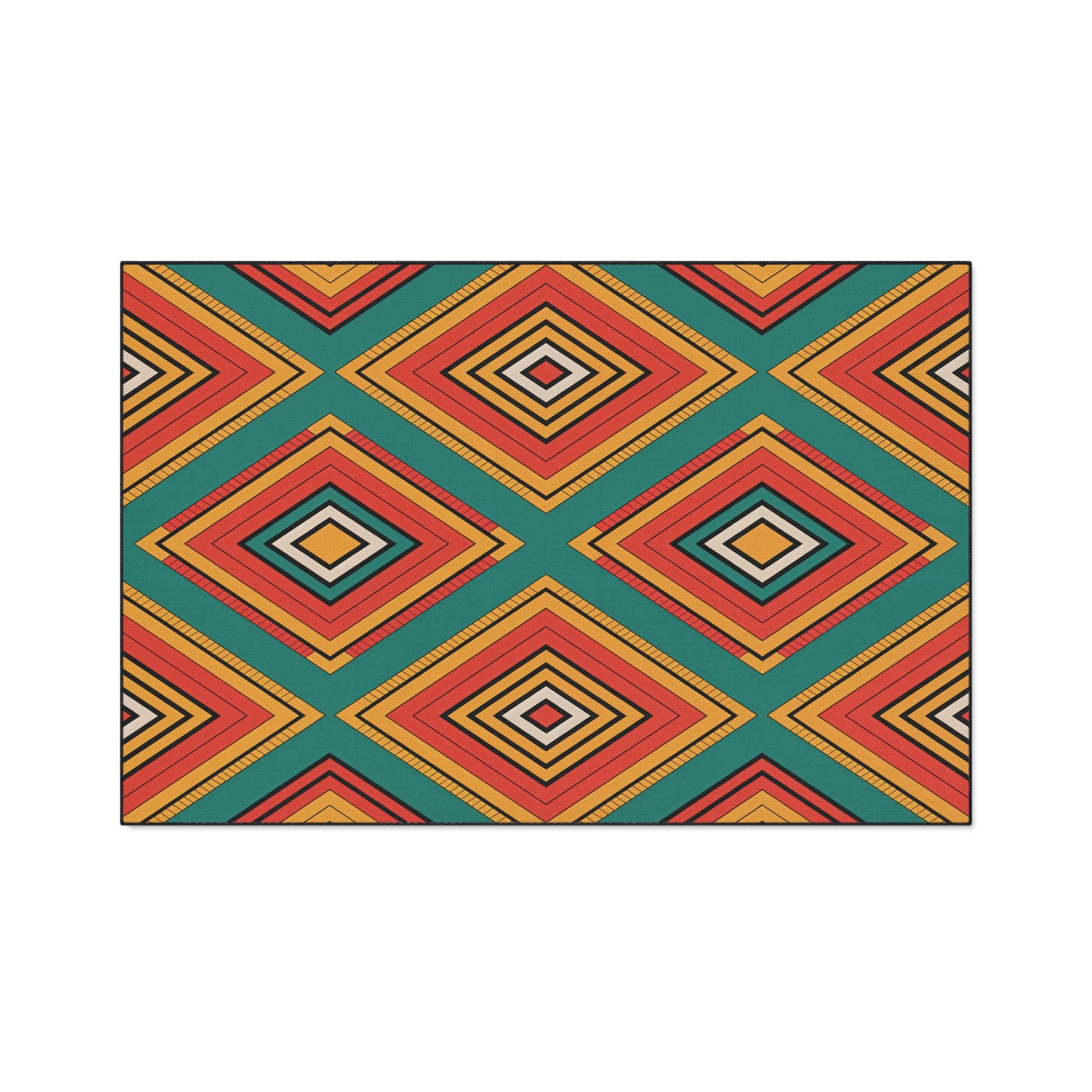 A geometric pattern featuring large diamond shapes in red, orange, yellow, and black, outlined and layered over a teal green background. This design channels African-inspired aesthetics, arranged in a repeating, symmetrical grid across the image.