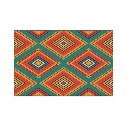 A geometric pattern featuring large diamond shapes in red, orange, yellow, and black, outlined and layered over a teal green background. This design channels African-inspired aesthetics, arranged in a repeating, symmetrical grid across the image.