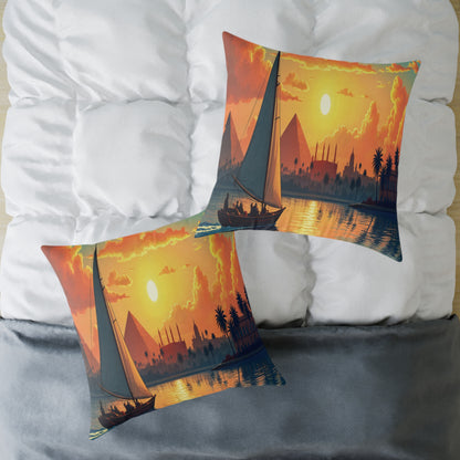 Two square African-inspired pillows with a sailboat illustration at sunset, silhouetted figures, palm trees, and pyramids rest on a white comforter, partially covered by a gray blanket—perfect for colorful home decor.