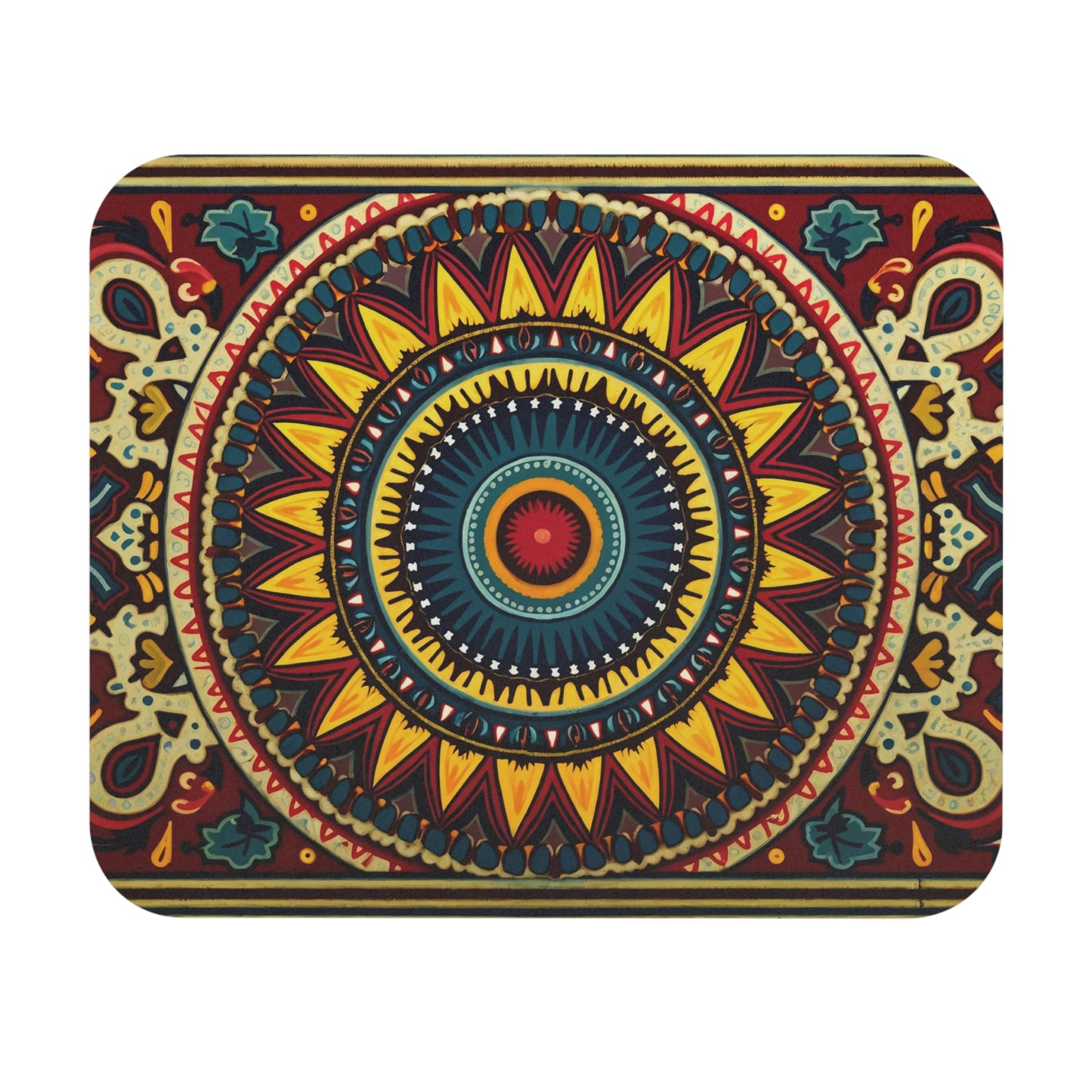 A vibrant, symmetrical mandala with intricate patterns in yellow, red, teal, and navy blue. This African-inspired mouse pad features radiating petals, geometric shapes, and decorative elements on a rectangular background with a non-slip rubber base.