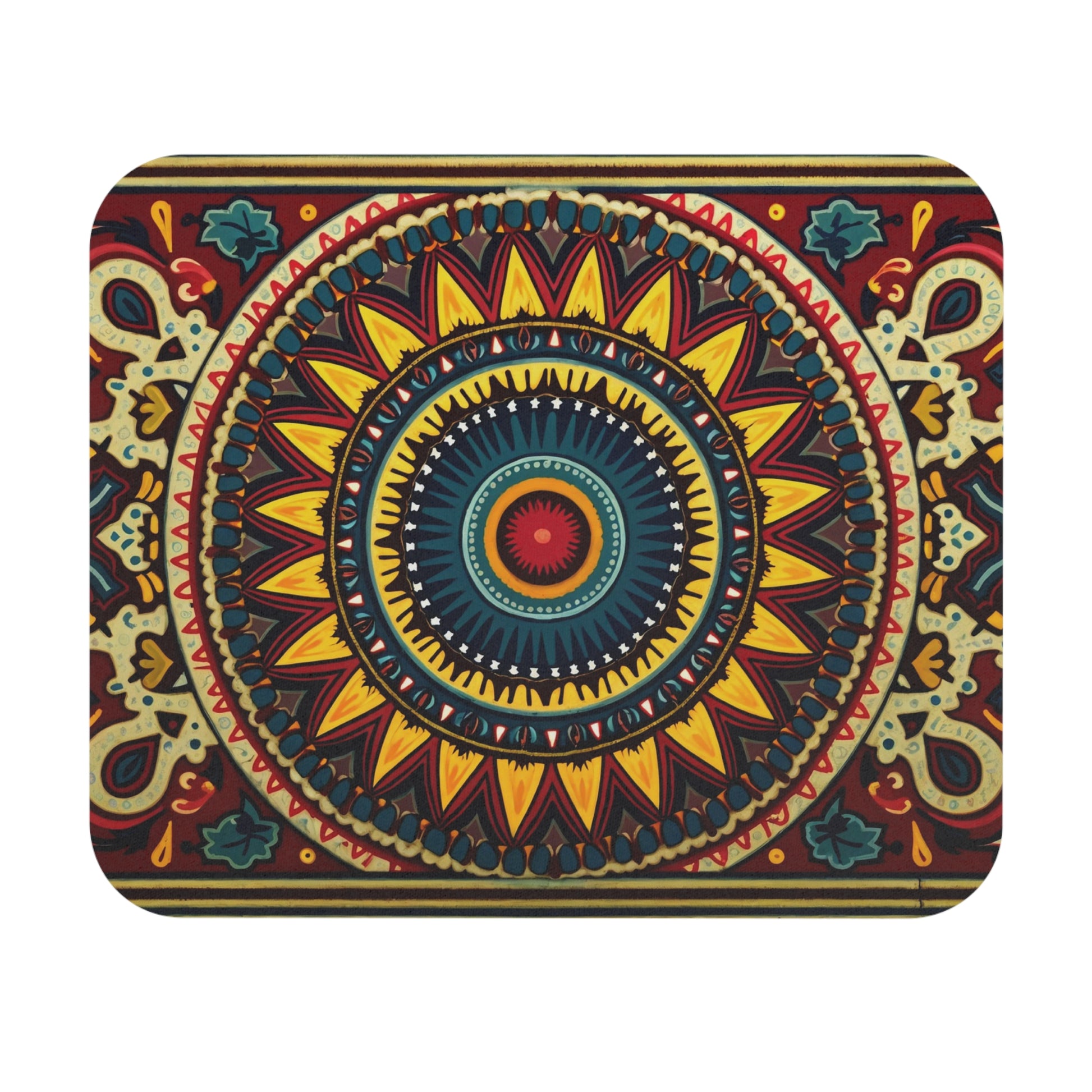 A vibrant, symmetrical mandala with intricate patterns in yellow, red, teal, and navy blue. This African-inspired mouse pad features radiating petals, geometric shapes, and decorative elements on a rectangular background with a non-slip rubber base.