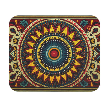 A vibrant, symmetrical mandala with intricate patterns in yellow, red, teal, and navy blue. This African-inspired mouse pad features radiating petals, geometric shapes, and decorative elements on a rectangular background with a non-slip rubber base.