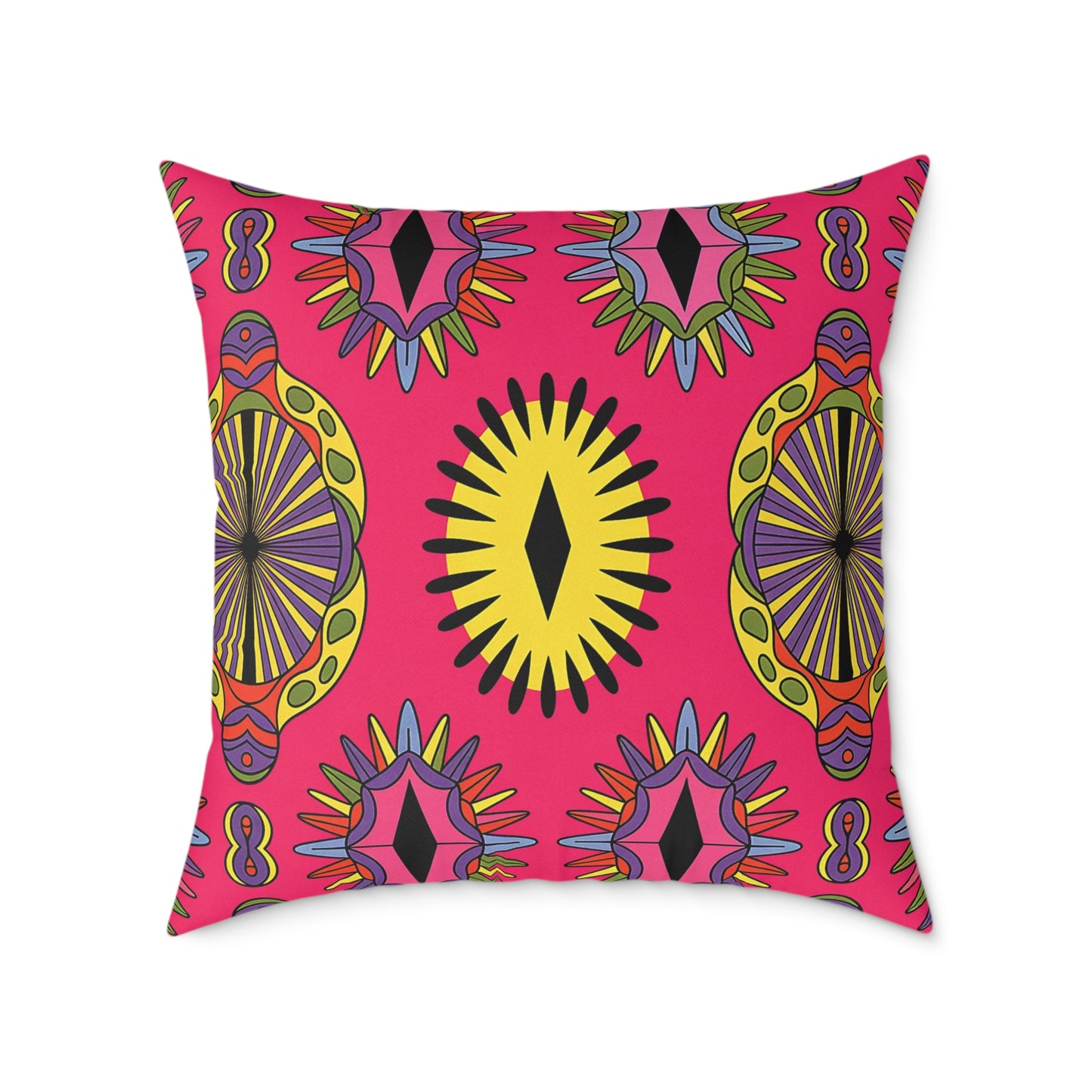 A square, African-inspired pillow with a vibrant geometric pattern on a pink background. The design features yellow, black, purple, and orange symmetrical shapes, sunburst and diamond motifs, plus figure-eight corners—a colorful accent pillow for vibrant home decor.