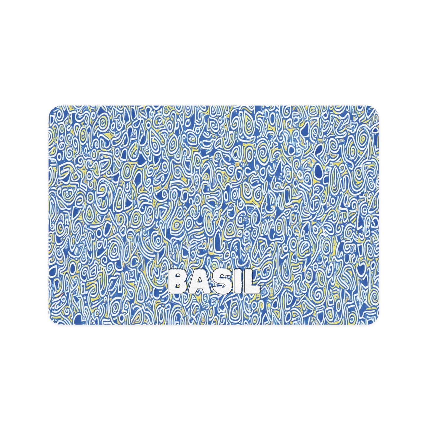 A rectangular card with a dense, African-inspired abstract pattern of blue, white, and yellow squiggles and loops. The word BASIL in bold, white, uppercase letters is centered near the bottom. The background is white outside the patterned area.