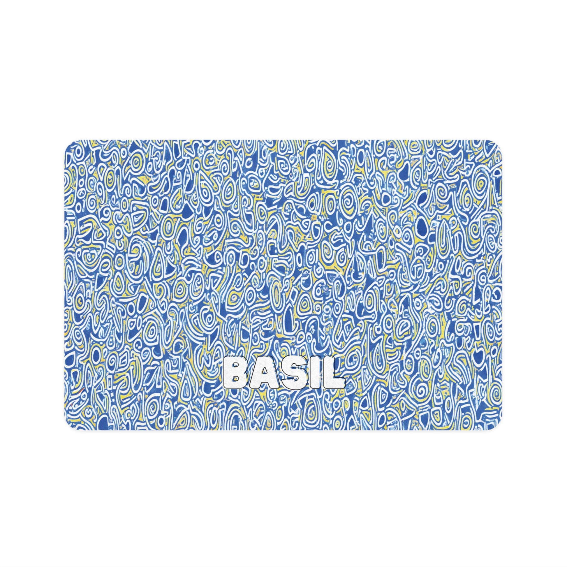 A rectangular card with a dense, African-inspired abstract pattern of blue, white, and yellow squiggles and loops. The word BASIL in bold, white, uppercase letters is centered near the bottom. The background is white outside the patterned area.