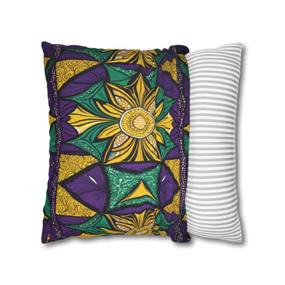 Two pillows side by side: the left pillow showcases a bold African-inspired pattern in yellow, purple, and green with a large flower design; the right features simple gray and white stripes. Both vibrant pillowcases are set against a white background.