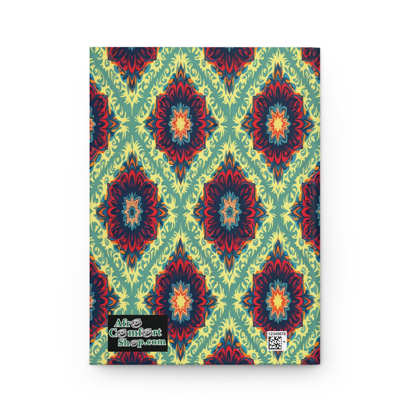 A notebook with a vibrant, symmetrical geometric cover in red, blue, and yellow-green, resembling mandala shapes. Perfect as an African-inspired personalized journal. AfroCentrArt shop.com and a QR code are printed in the lower left corner.