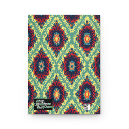 A notebook with a vibrant, symmetrical geometric cover in red, blue, and yellow-green, resembling mandala shapes. Perfect as an African-inspired personalized journal. AfroCentrArt shop.com and a QR code are printed in the lower left corner.