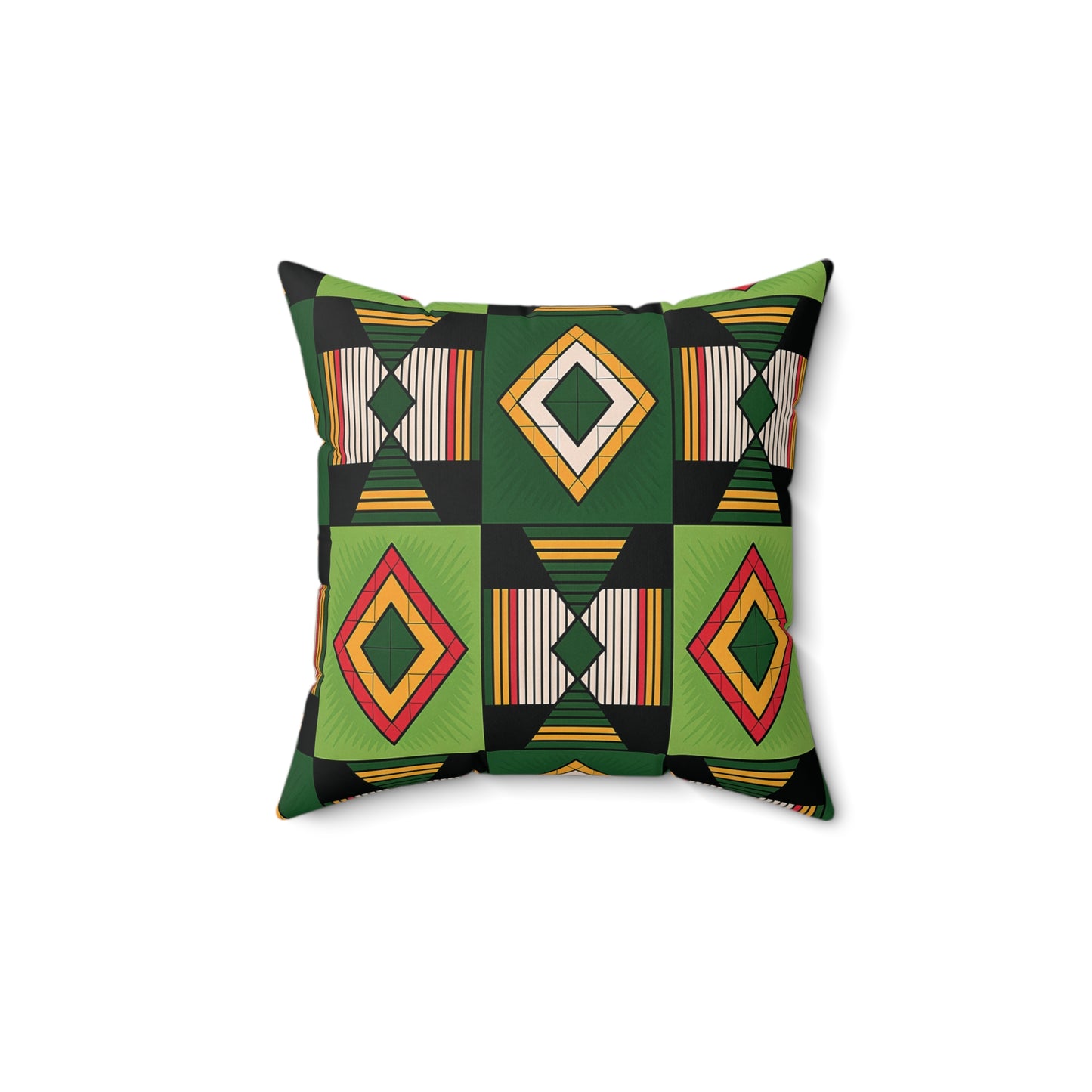 A green and black throw pillow with a geometric pattern of diamonds and rectangles in vibrant hues. This African accent pillow features alternating shapes and stripes, creating a bold, modern look on soft faux suede with a white background.