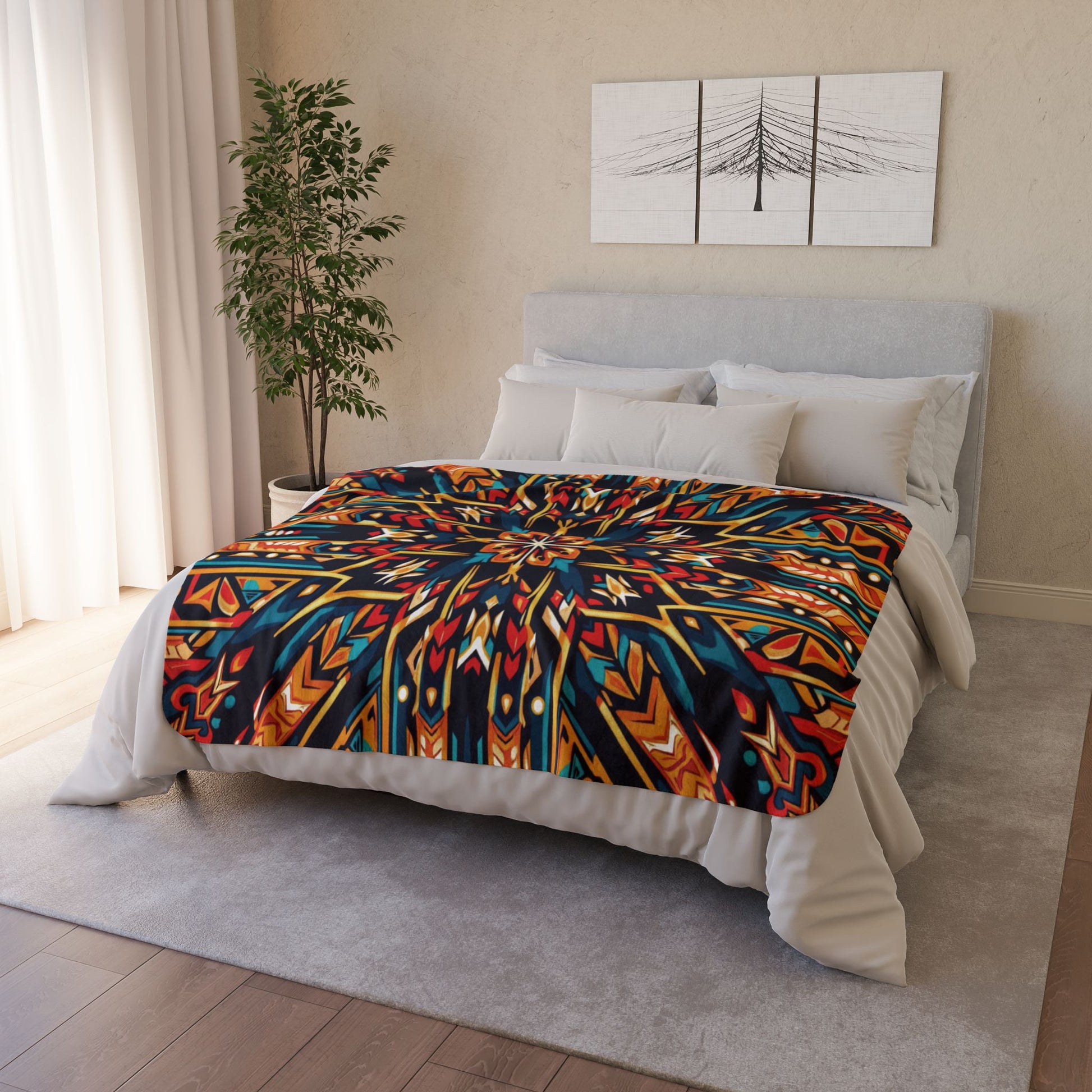 A neatly made bed with white bedding features an African-inspired, colorful geometric-patterned blanket in shades of orange, red, yellow, blue, and black. Behind the bed is a light gray headboard, a potted plant, and minimalist art on a beige wall.