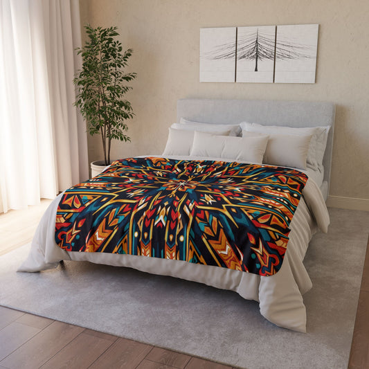 A neatly made bed with white bedding features an African-inspired, colorful geometric-patterned blanket in shades of orange, red, yellow, blue, and black. Behind the bed is a light gray headboard, a potted plant, and minimalist art on a beige wall.