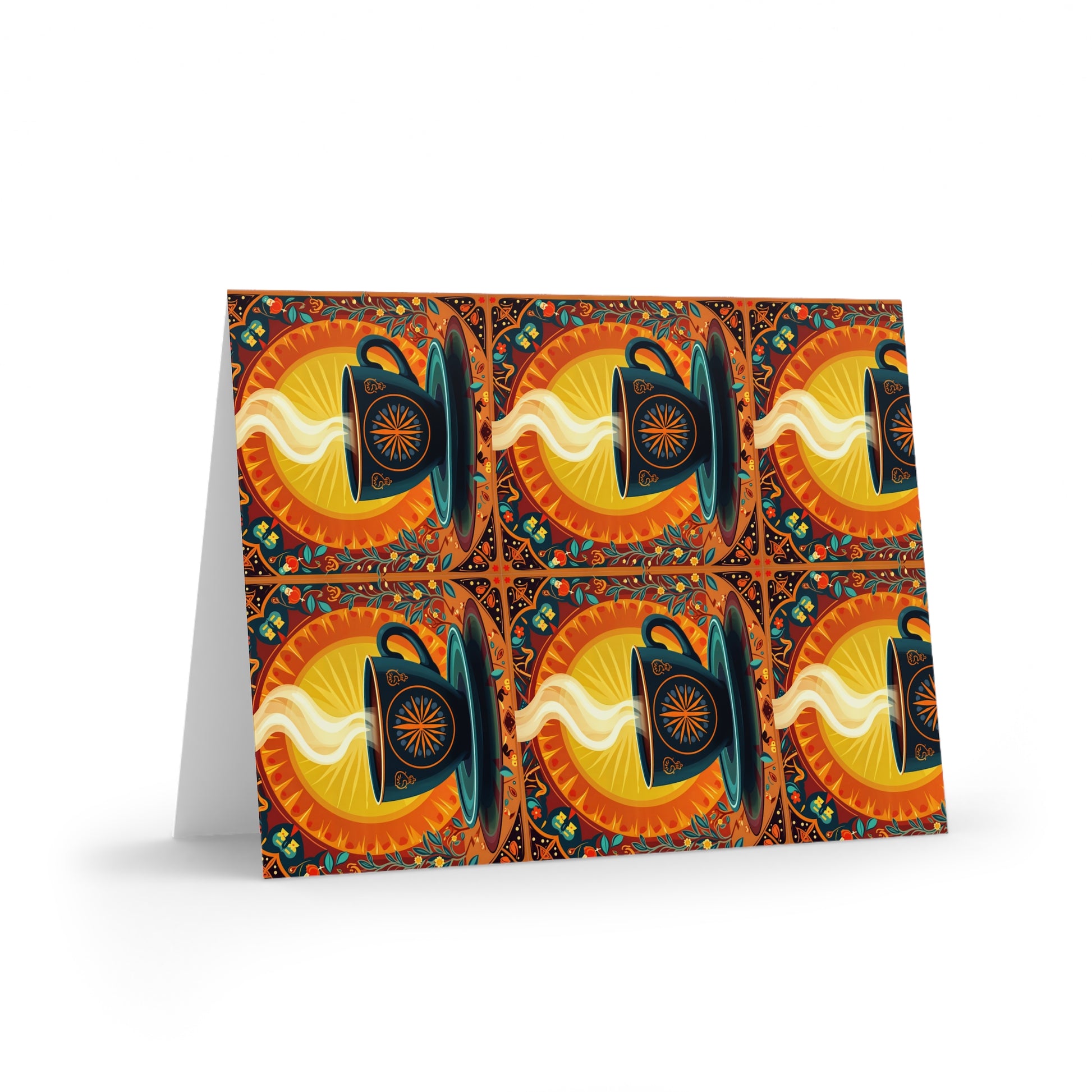 A folded card featuring a vibrant pattern of six orange and teal urns pouring golden liquid, set against swirling orange circles and floral details, this premium stationery showcases a bold, symmetrical look with a culturally inspired design.