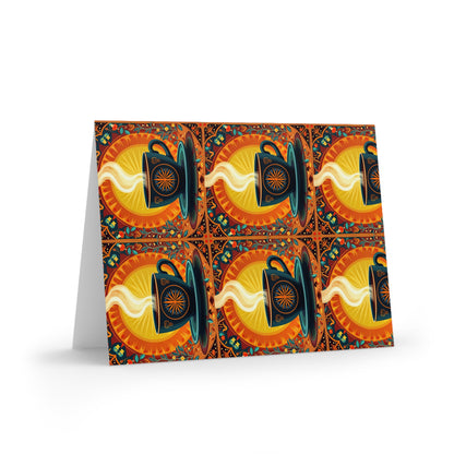 A folded card featuring a vibrant pattern of six orange and teal urns pouring golden liquid, set against swirling orange circles and floral details, this premium stationery showcases a bold, symmetrical look with a culturally inspired design.