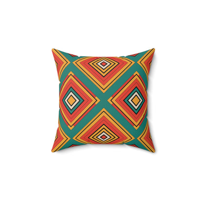 Square throw pillow with a geometric pattern of overlapping diamonds in vibrant colors on a white background. This African-inspired pillow features sharp lines and symmetrical, bold hues—perfect for adding unique decor and vibrant patterns to any space.